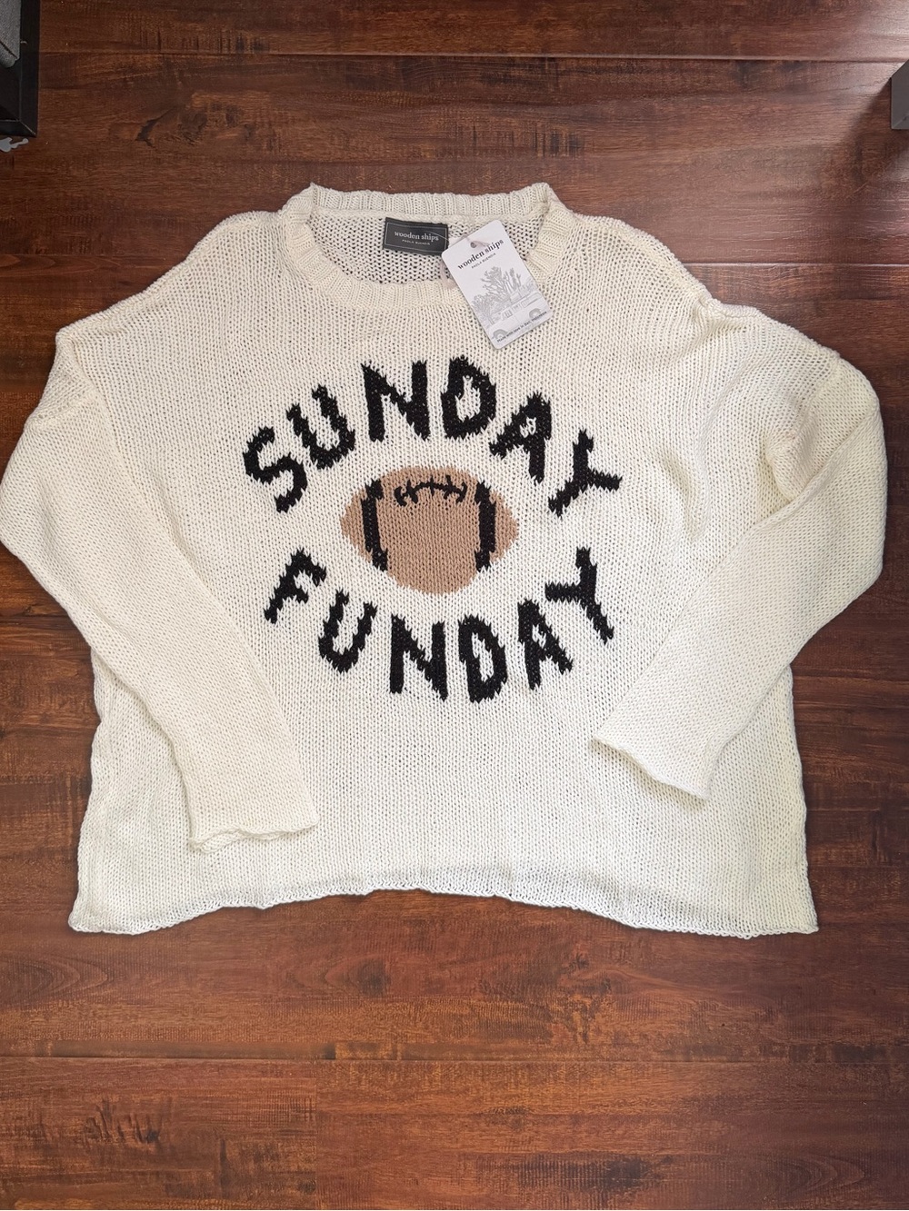 New Wooden Ships Cream Knit "Sunday Funday" Sweater with Football Motif Size S/M
